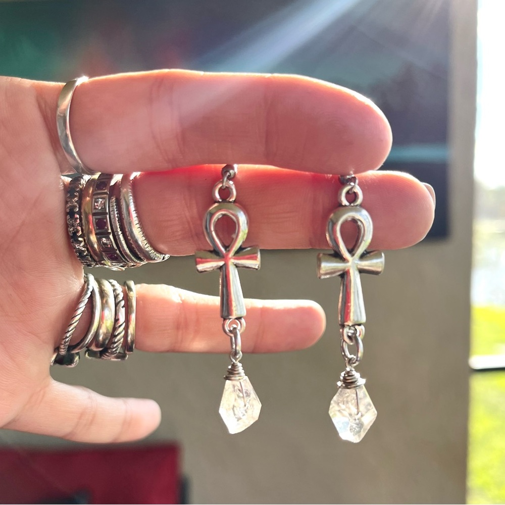 Herkimer diamonds anhks egyptian crosses earrings stainless steel post crystals - Picture 3 of 12